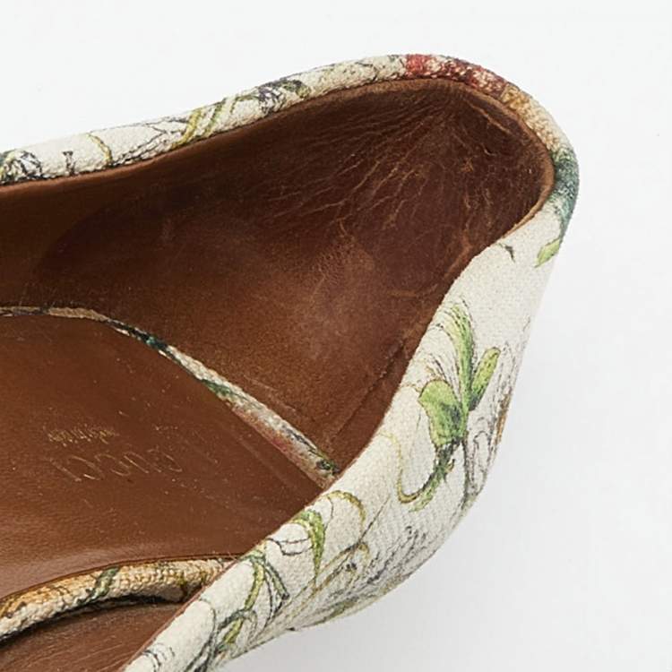 Pre Owned  Gucci Multicolor Floral Print Canvas Horsebit Peep Toe Wedge Pumps Size 39