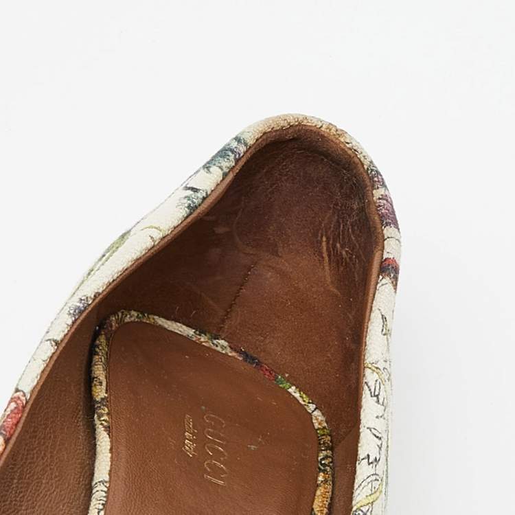 Pre Owned  Gucci Multicolor Floral Print Canvas Horsebit Peep Toe Wedge Pumps Size 39