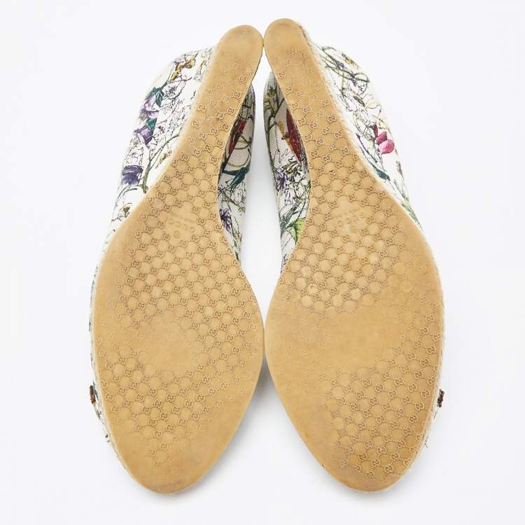 Pre Owned  Gucci Multicolor Floral Print Canvas Horsebit Peep Toe Wedge Pumps Size 39