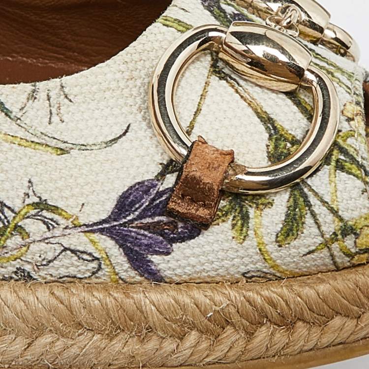 Pre Owned  Gucci Multicolor Floral Print Canvas Horsebit Peep Toe Wedge Pumps Size 39