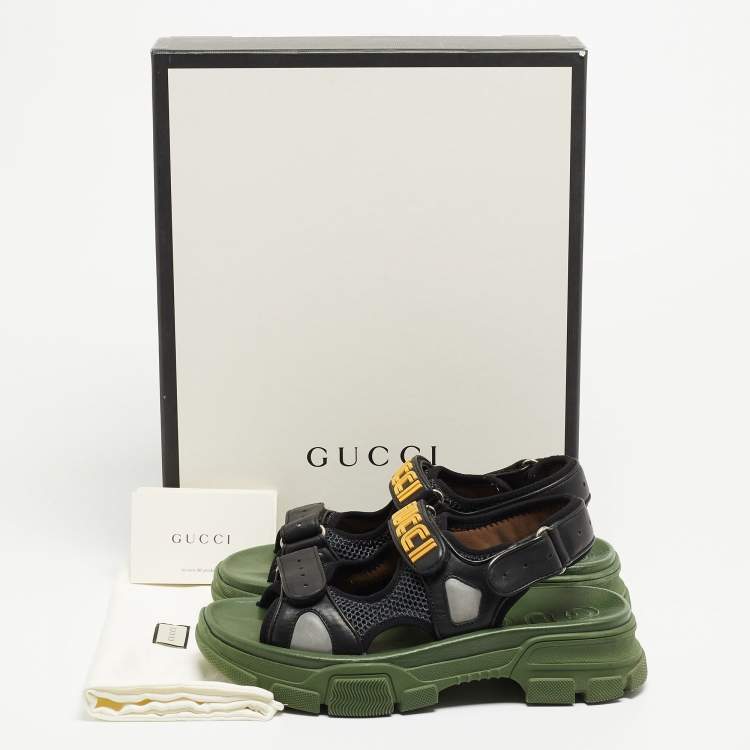 Pre Owned Gucci Black/Green Leather and Mesh Sega Velcro Slingback Sandals Size 38.5