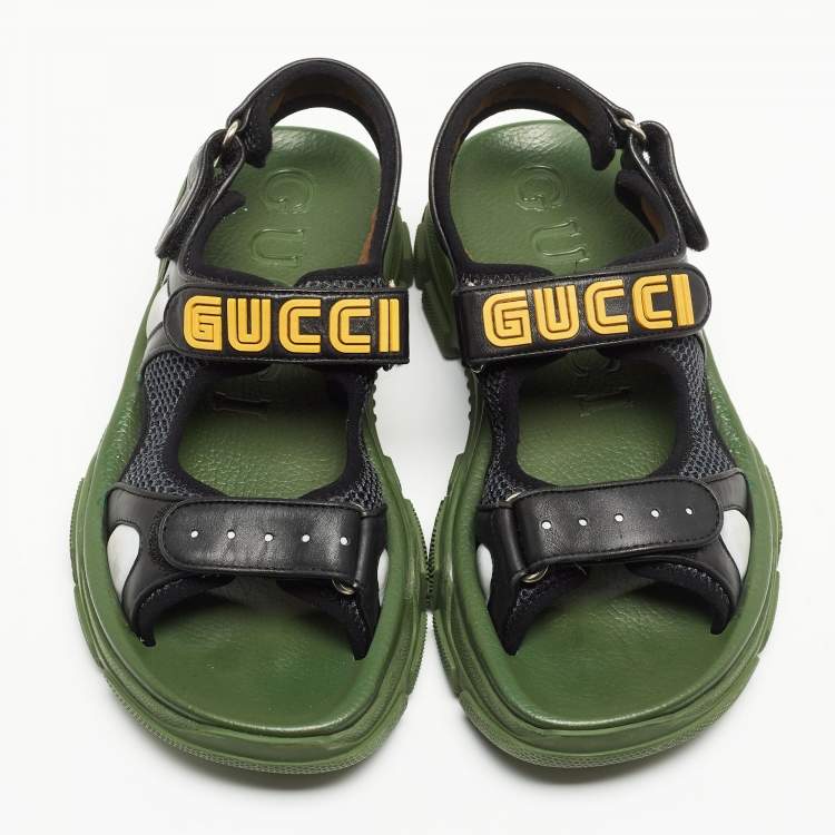 Pre Owned Gucci Black/Green Leather and Mesh Sega Velcro Slingback Sandals Size 38.5