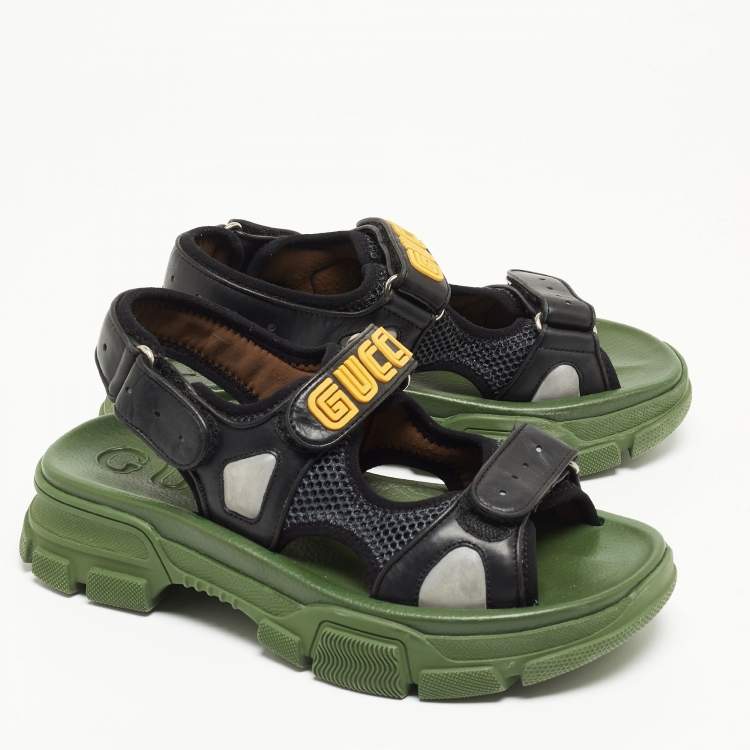 Pre Owned Gucci Black/Green Leather and Mesh Sega Velcro Slingback Sandals Size 38.5