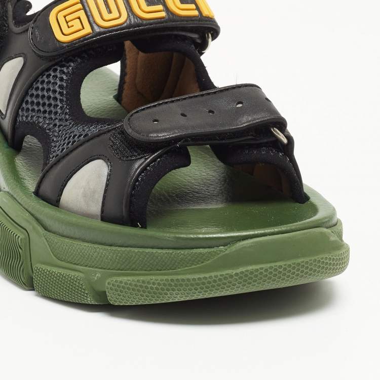Pre Owned Gucci Black/Green Leather and Mesh Sega Velcro Slingback Sandals Size 38.5