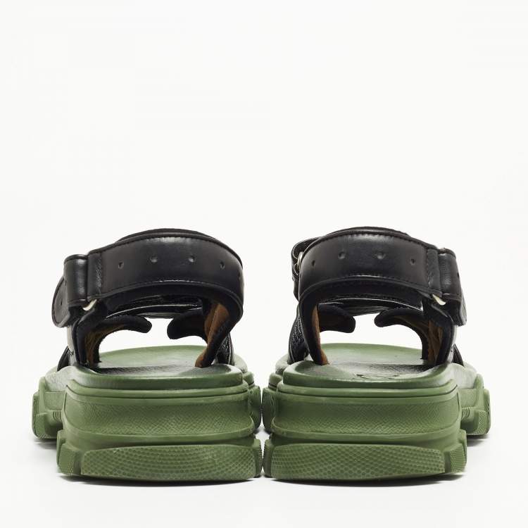 Pre Owned Gucci Black/Green Leather and Mesh Sega Velcro Slingback Sandals Size 38.5
