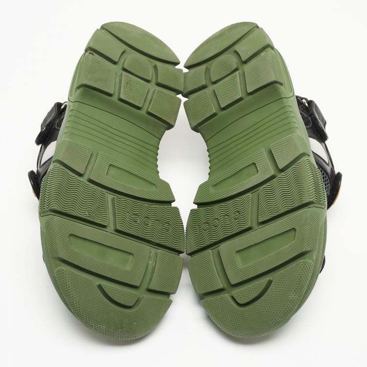 Pre Owned Gucci Black/Green Leather and Mesh Sega Velcro Slingback Sandals Size 38.5