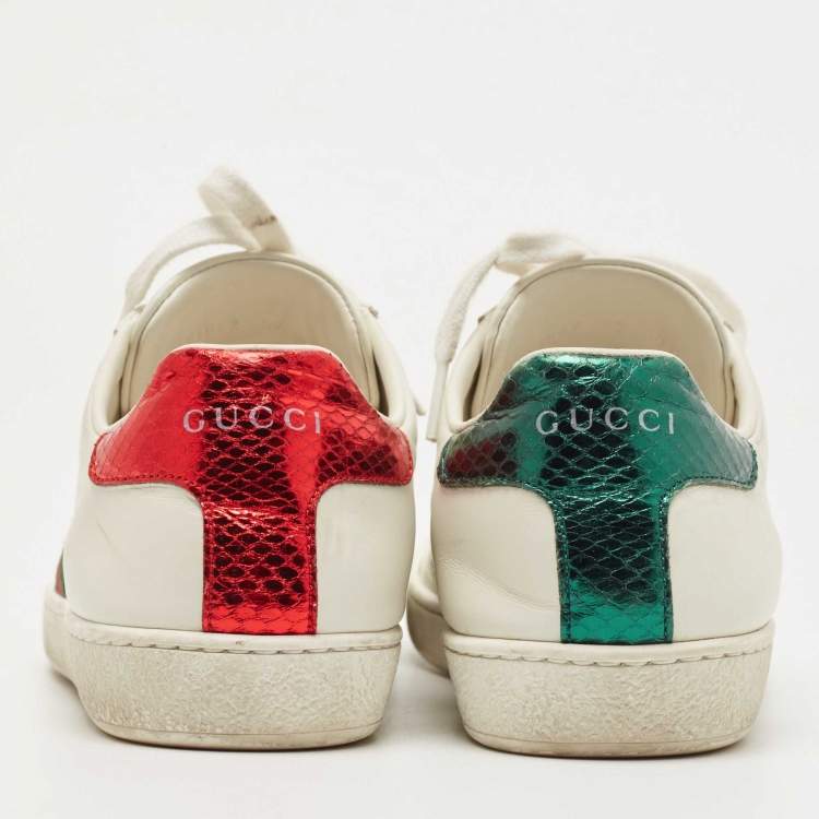 Pre Owned Gucci White Leather And Python Embossed Leather Ace Bee Web Low Top Sneakers Size 37