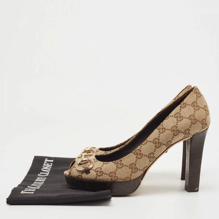 Pre Owned Gucci Brown GG Canvas Horsebit Peep Platform Pumps Size 38.5