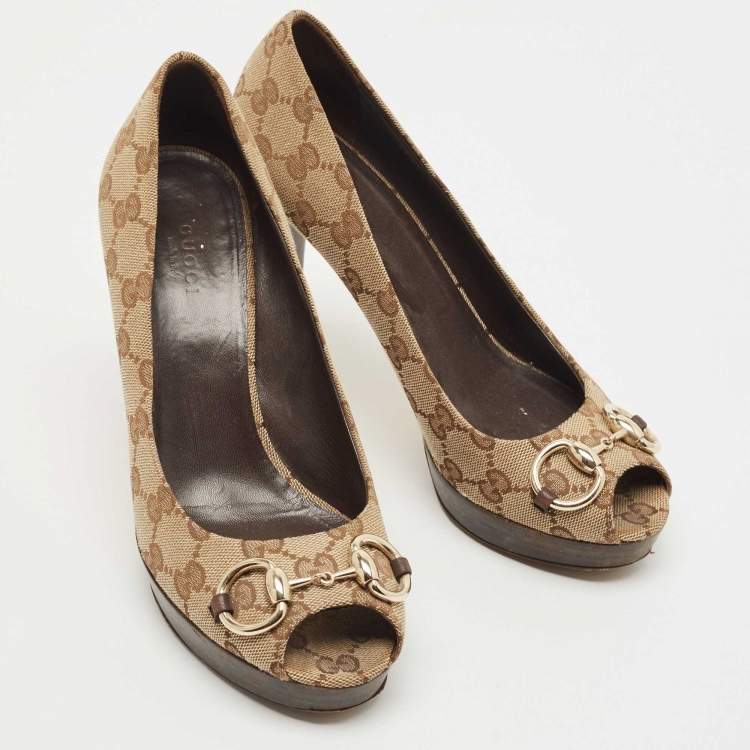 Pre Owned Gucci Brown GG Canvas Horsebit Peep Platform Pumps Size 38.5