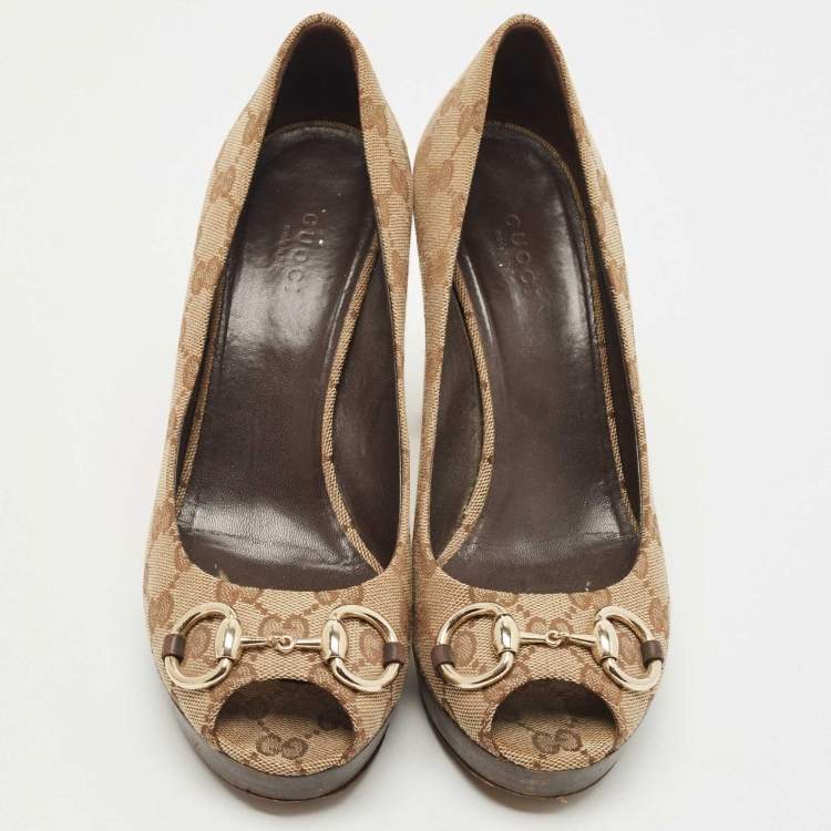 Pre Owned Gucci Brown GG Canvas Horsebit Peep Platform Pumps Size 38.5