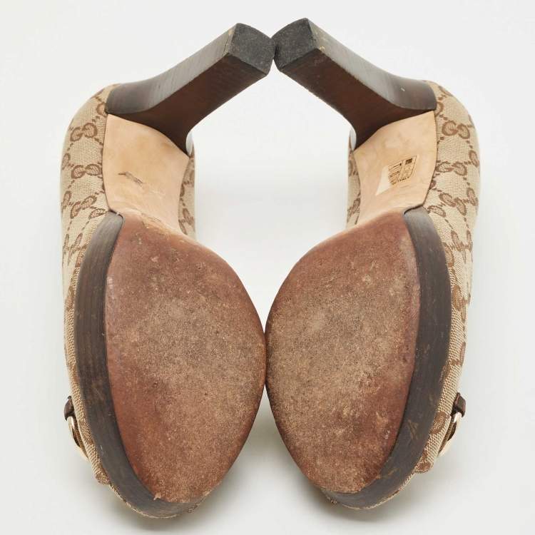 Pre Owned Gucci Brown GG Canvas Horsebit Peep Platform Pumps Size 38.5
