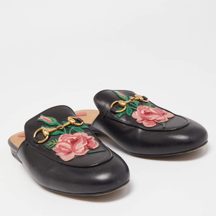Pre Owned Gucci Black Floral Embroidered Leather Princetown Mules Size 36.5