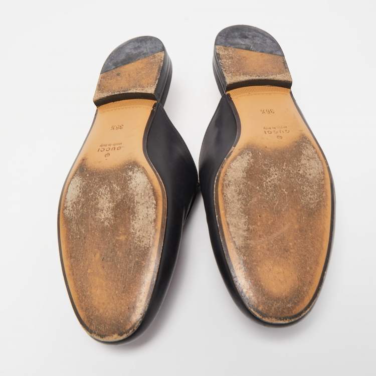 Pre Owned Gucci Black Floral Embroidered Leather Princetown Mules Size 36.5