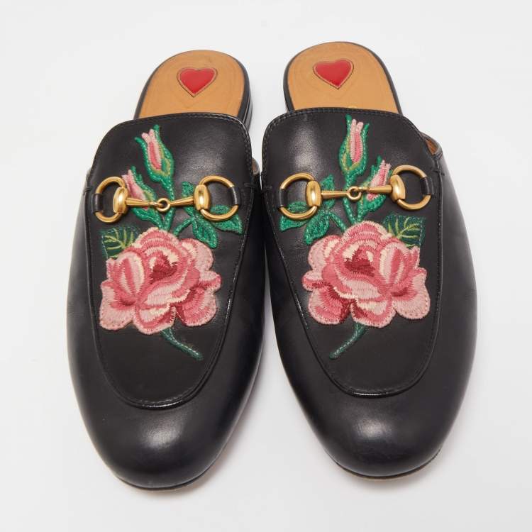 Pre Owned Gucci Black Floral Embroidered Leather Princetown Mules Size 36.5