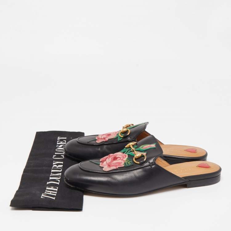 Pre Owned Gucci Black Floral Embroidered Leather Princetown Mules Size 36.5