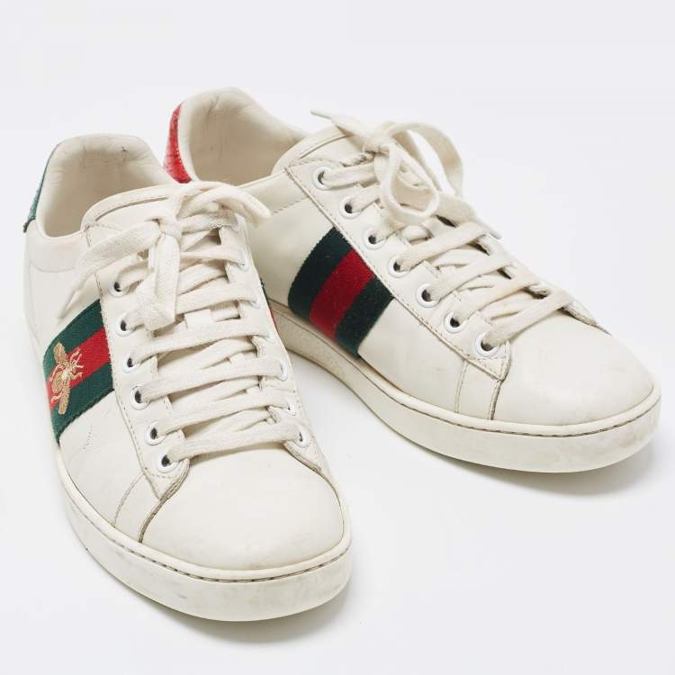 Pre Owned Gucci White Leather Embroidered Bee Ace Sneakers Size 36.5