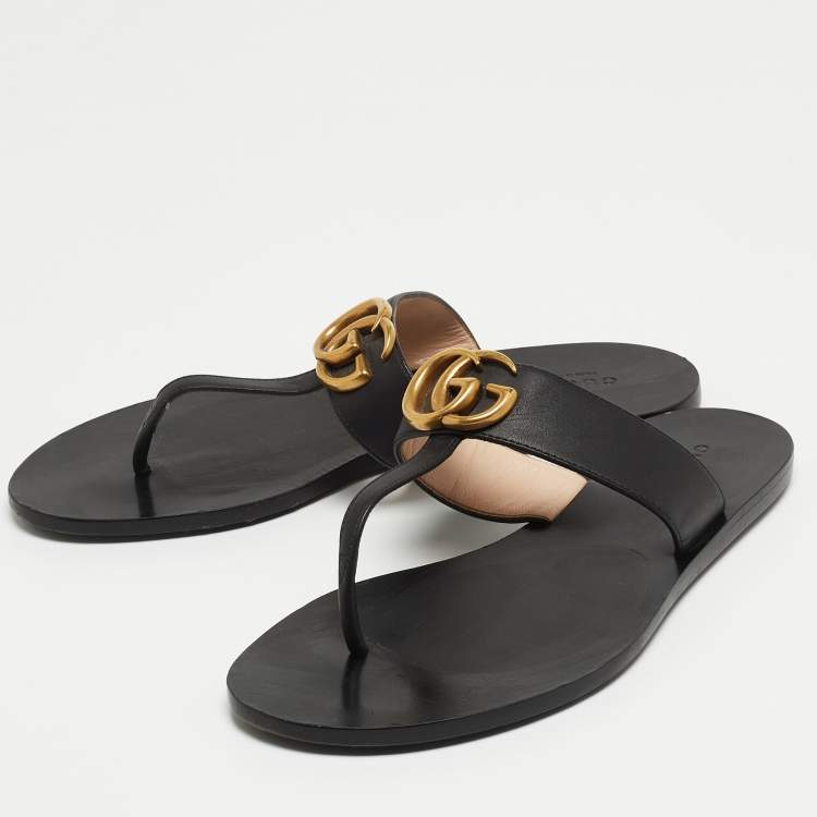 Pre Owned Gucci Black Leather GG Thong Flats Size 37