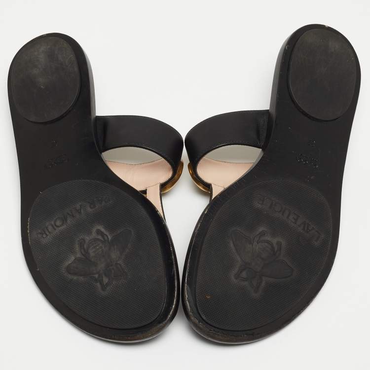 Pre Owned Gucci Black Leather GG Thong Flats Size 37