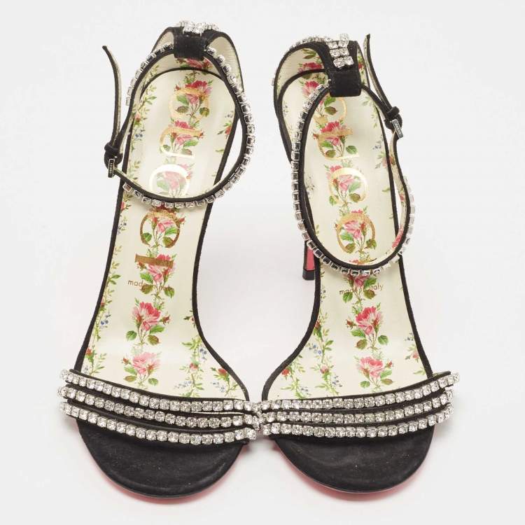 Pre Owned Gucci Black Suede Crystal Embellished Ankle Strap Sandals Size 39