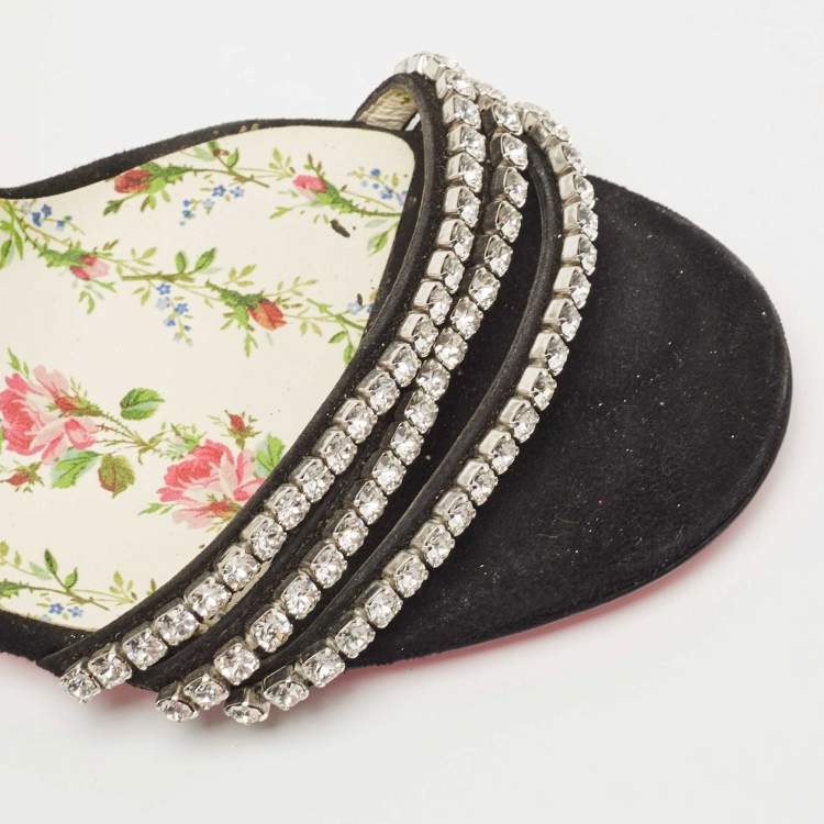 Pre Owned Gucci Black Suede Crystal Embellished Ankle Strap Sandals Size 39