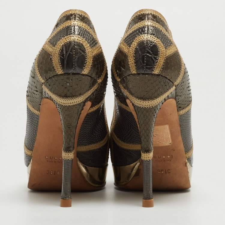 Pre Owned Gucci Tricolor Python, Crocodile and Lizard Platform Pumps Size 36.5