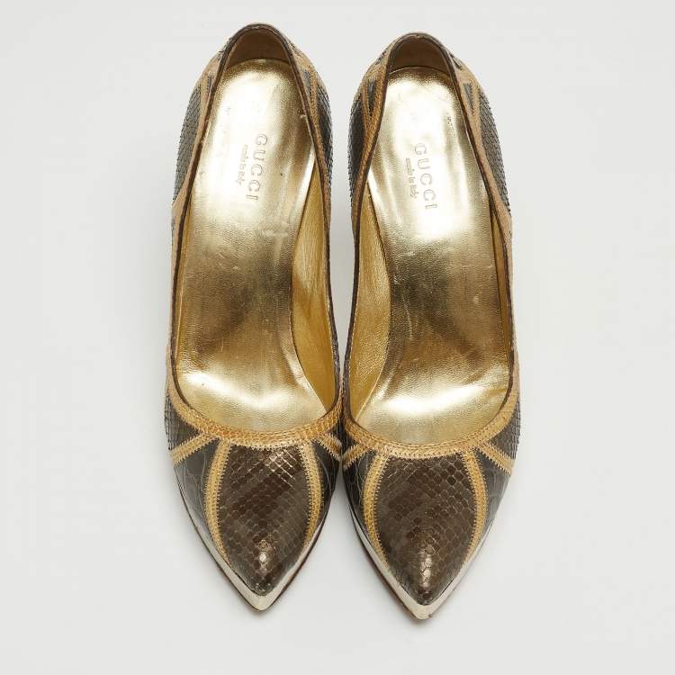 Pre Owned Gucci Tricolor Python, Crocodile and Lizard Platform Pumps Size 36.5