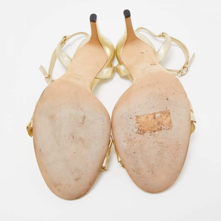 Pre Owned Gucci Gold Ruffled Leather Ankle Strap Sandals Size 39.5