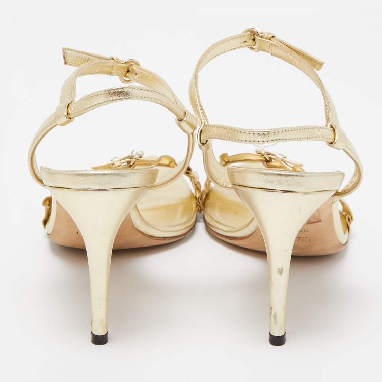 Pre Owned Gucci Gold Ruffled Leather Ankle Strap Sandals Size 39.5