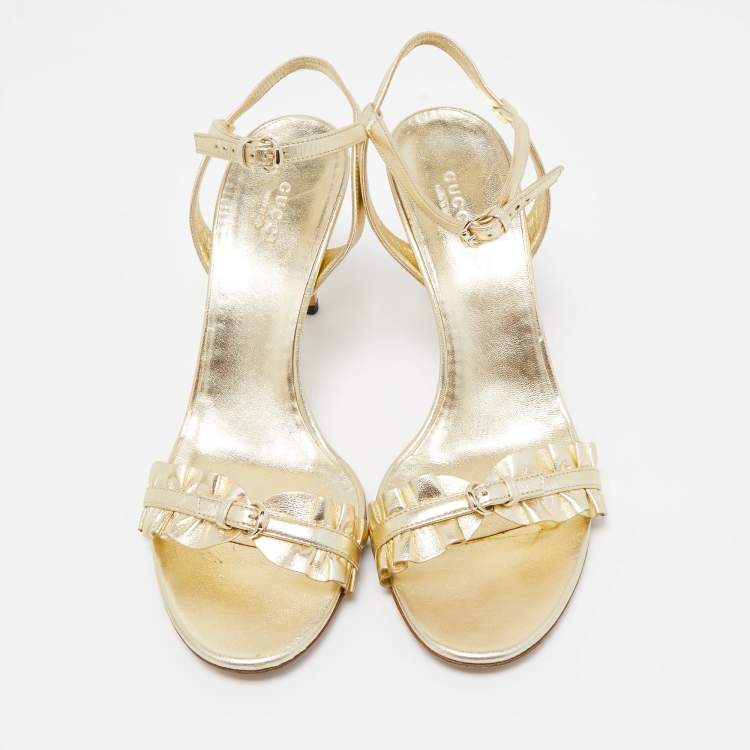 Pre Owned Gucci Gold Ruffled Leather Ankle Strap Sandals Size 39.5