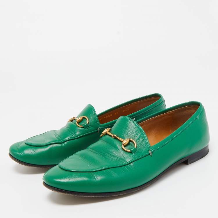 Pre Owned Gucci Green Leather Horsebit Jordaan Loafers Size 40