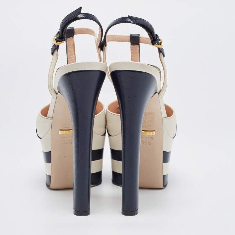Pre Owned Gucci Navy Blue/White Leather Studded Angel Platform Pumps Size 36.5