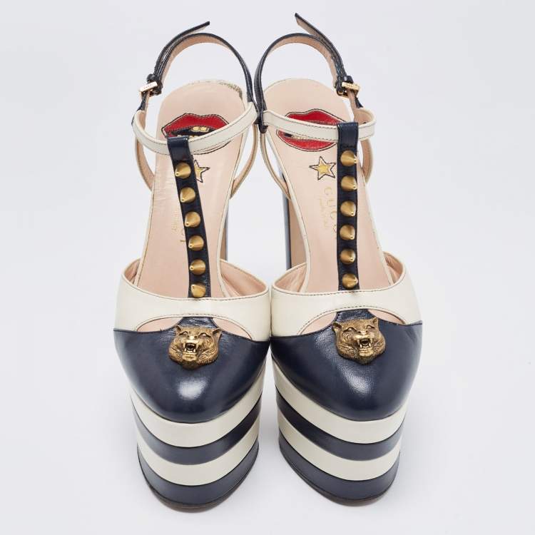 Pre Owned Gucci Navy Blue/White Leather Studded Angel Platform Pumps Size 36.5