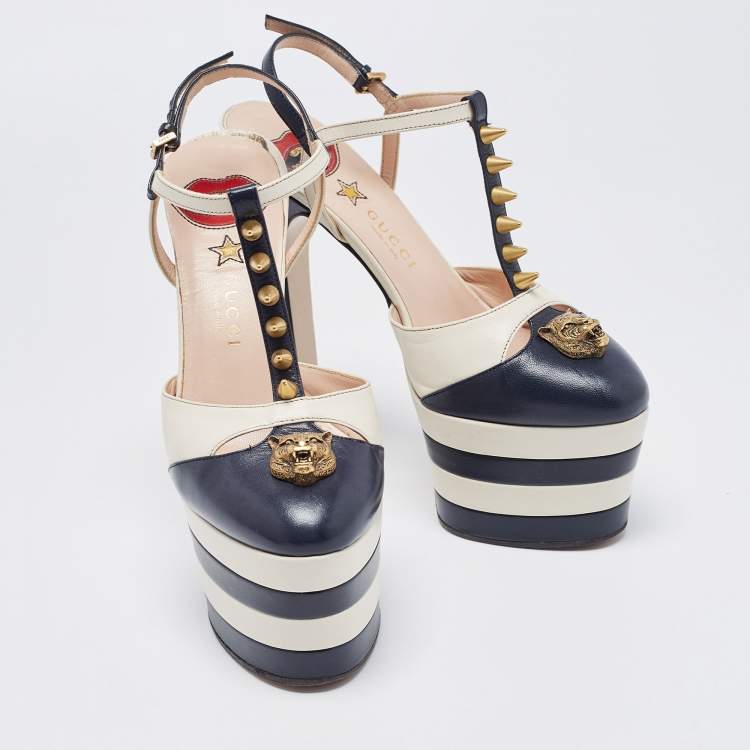 Pre Owned Gucci Navy Blue/White Leather Studded Angel Platform Pumps Size 36.5