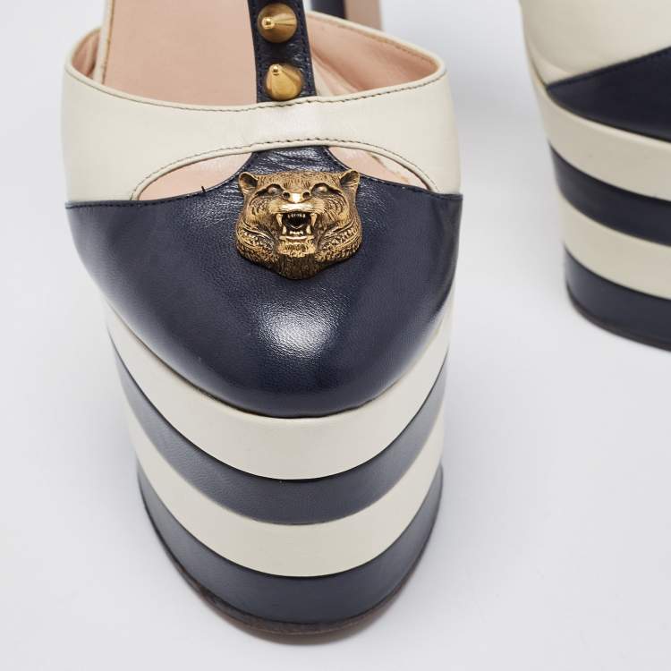 Pre Owned Gucci Navy Blue/White Leather Studded Angel Platform Pumps Size 36.5