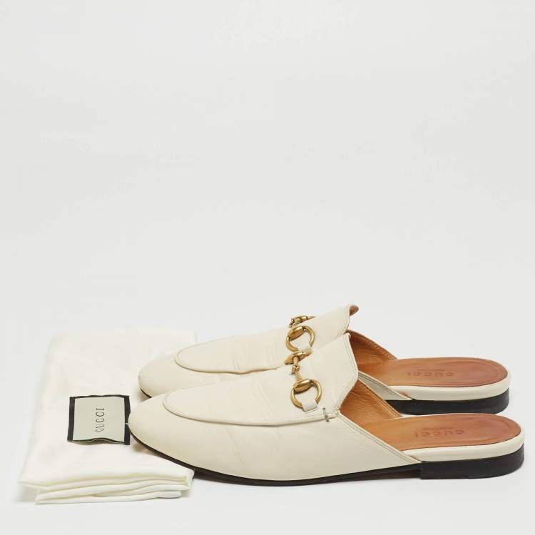 Pre Owned Gucci Off White Leather Horsebit Flat Mules Size 36.5
