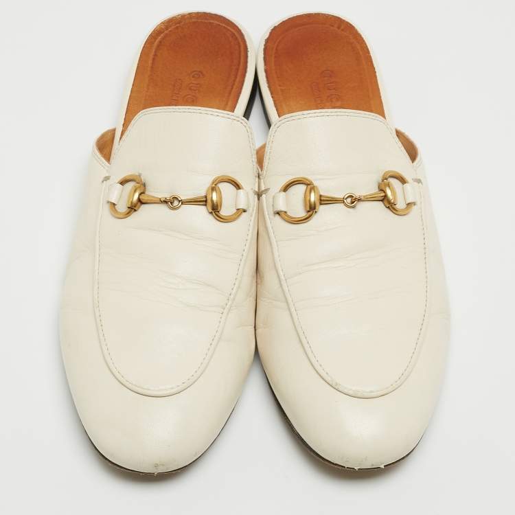 Pre Owned Gucci Off White Leather Horsebit Flat Mules Size 36.5