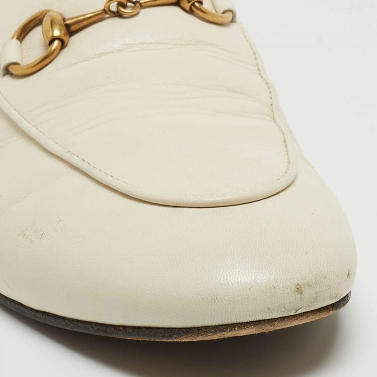 Pre Owned Gucci Off White Leather Horsebit Flat Mules Size 36.5