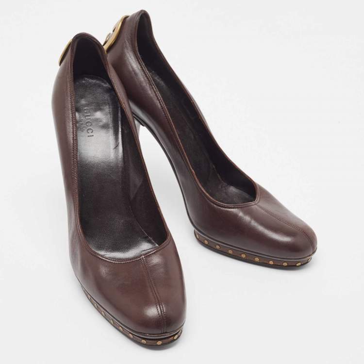 Pre Owned Gucci Brown Leather Interlocking G Studded Platform Pumps Size 42