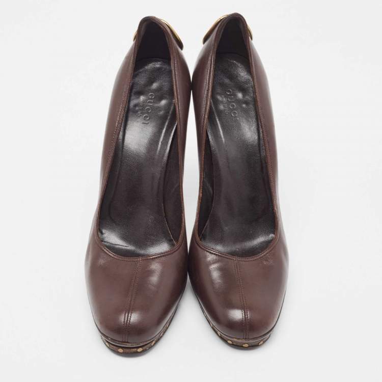 Pre Owned Gucci Brown Leather Interlocking G Studded Platform Pumps Size 42