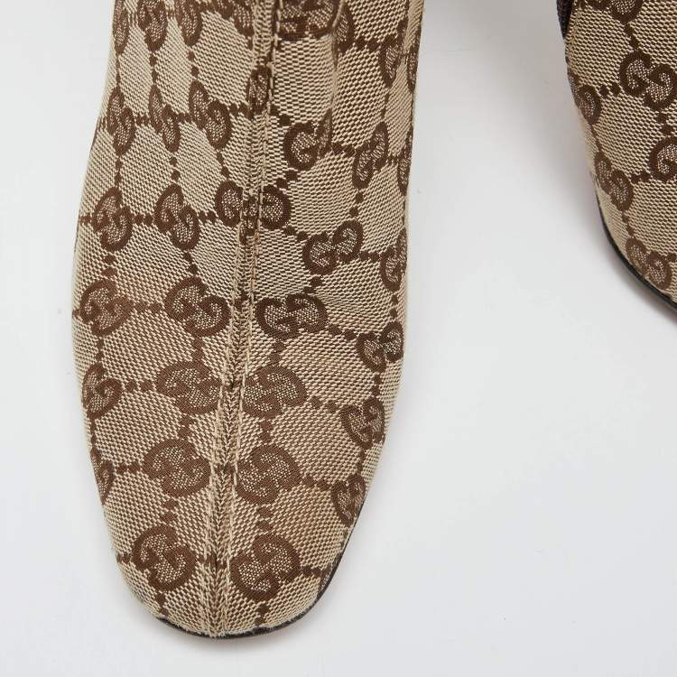 Pre Owned Gucci Beige/Brown GG Canvas Horsebit Chain Ankle Booties Size 36.5 