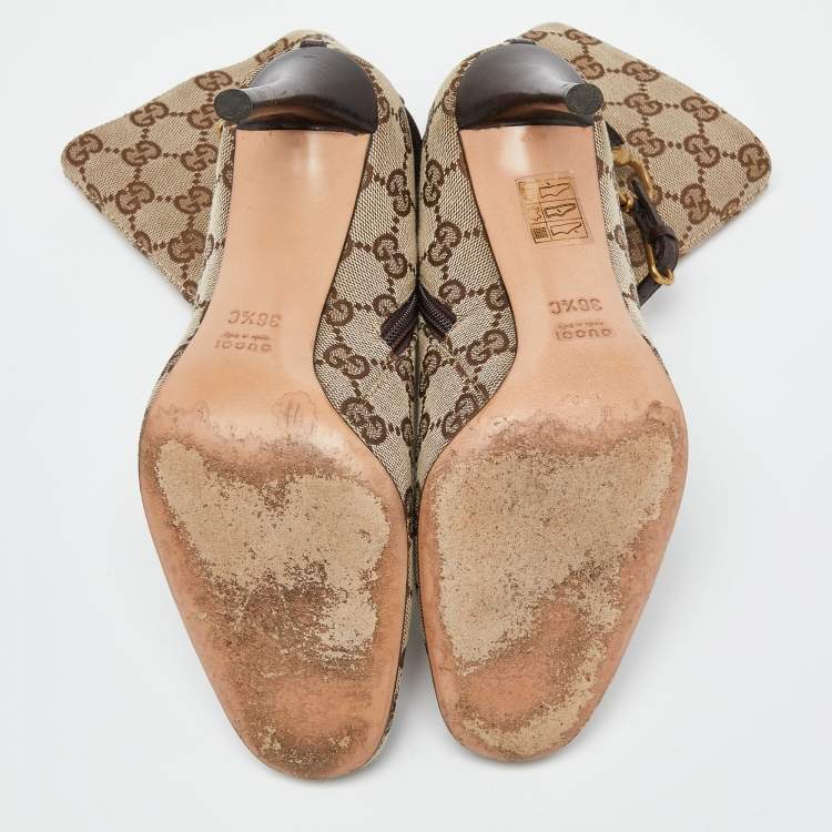 Pre Owned Gucci Beige/Brown GG Canvas Horsebit Chain Ankle Booties Size 36.5 