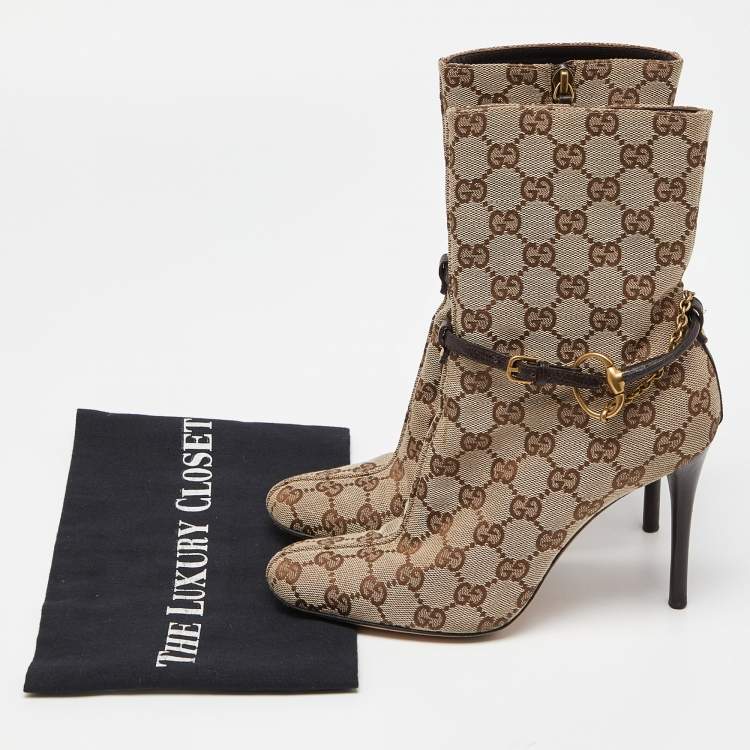Pre Owned Gucci Beige/Brown GG Canvas Horsebit Chain Ankle Booties Size 36.5 