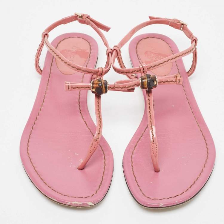 Pre Owned Gucci Purple Patent Bamboo Accent T strap  Sandals Size 36