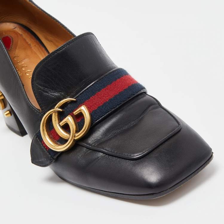 Pre Owned Gucci Black Leather Double G Pearl Embellished  Loafer Pumps Size 38