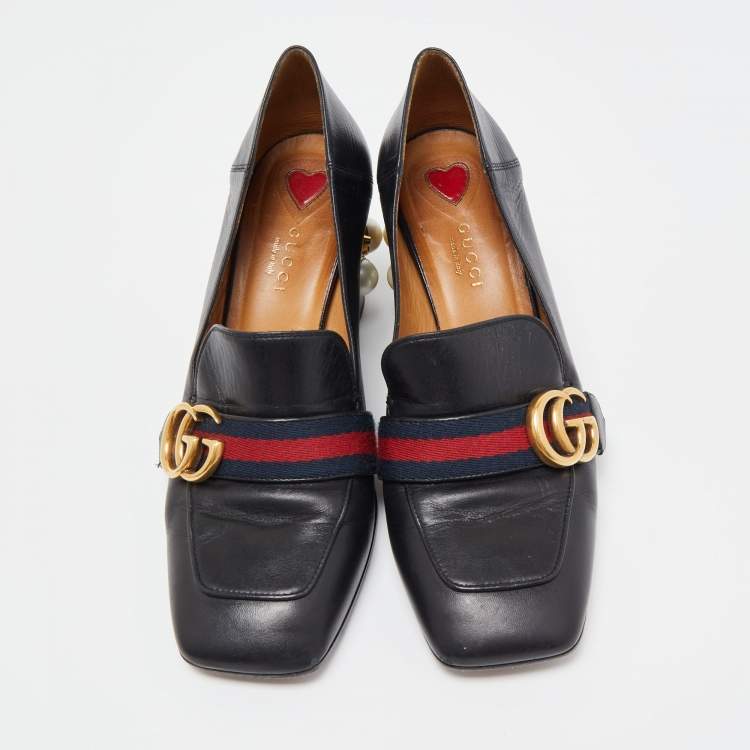 Pre Owned Gucci Black Leather Double G Pearl Embellished  Loafer Pumps Size 38