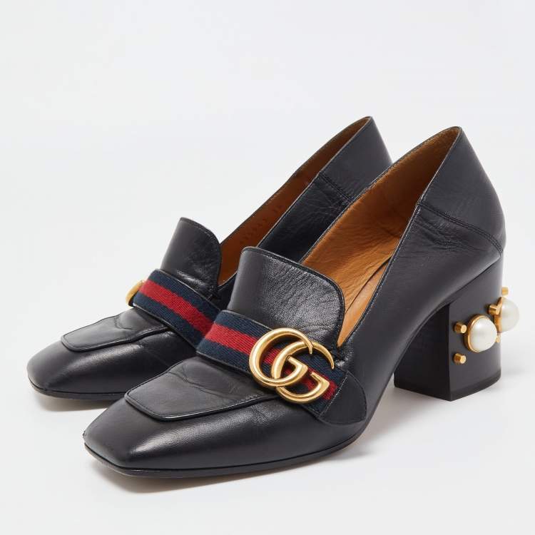 Pre Owned Gucci Black Leather Double G Pearl Embellished  Loafer Pumps Size 38