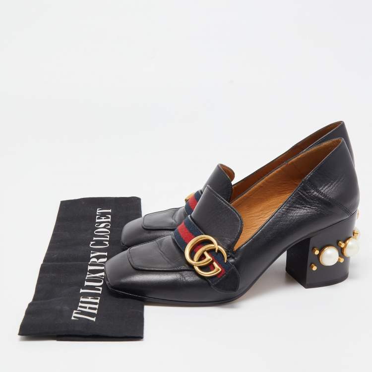 Pre Owned Gucci Black Leather Double G Pearl Embellished  Loafer Pumps Size 38