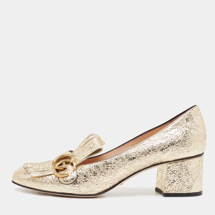 Gucci Gold Foil Leather GG Marmont Fringe Detail Flat Mules Size