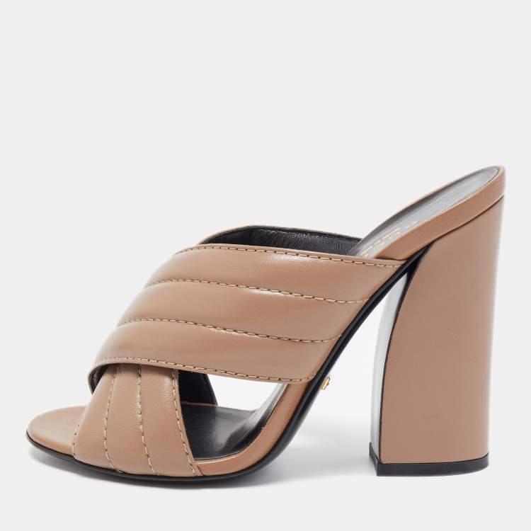 Pre Owned Gucci Brown Quilted Leather Webby Slide Sandals Size 36