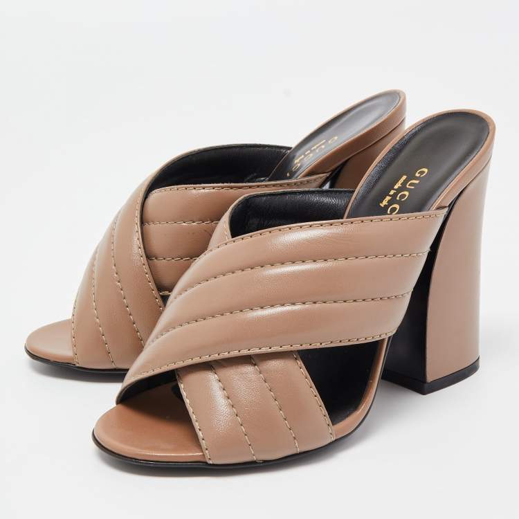 Pre Owned Gucci Brown Quilted Leather Webby Slide Sandals Size 36